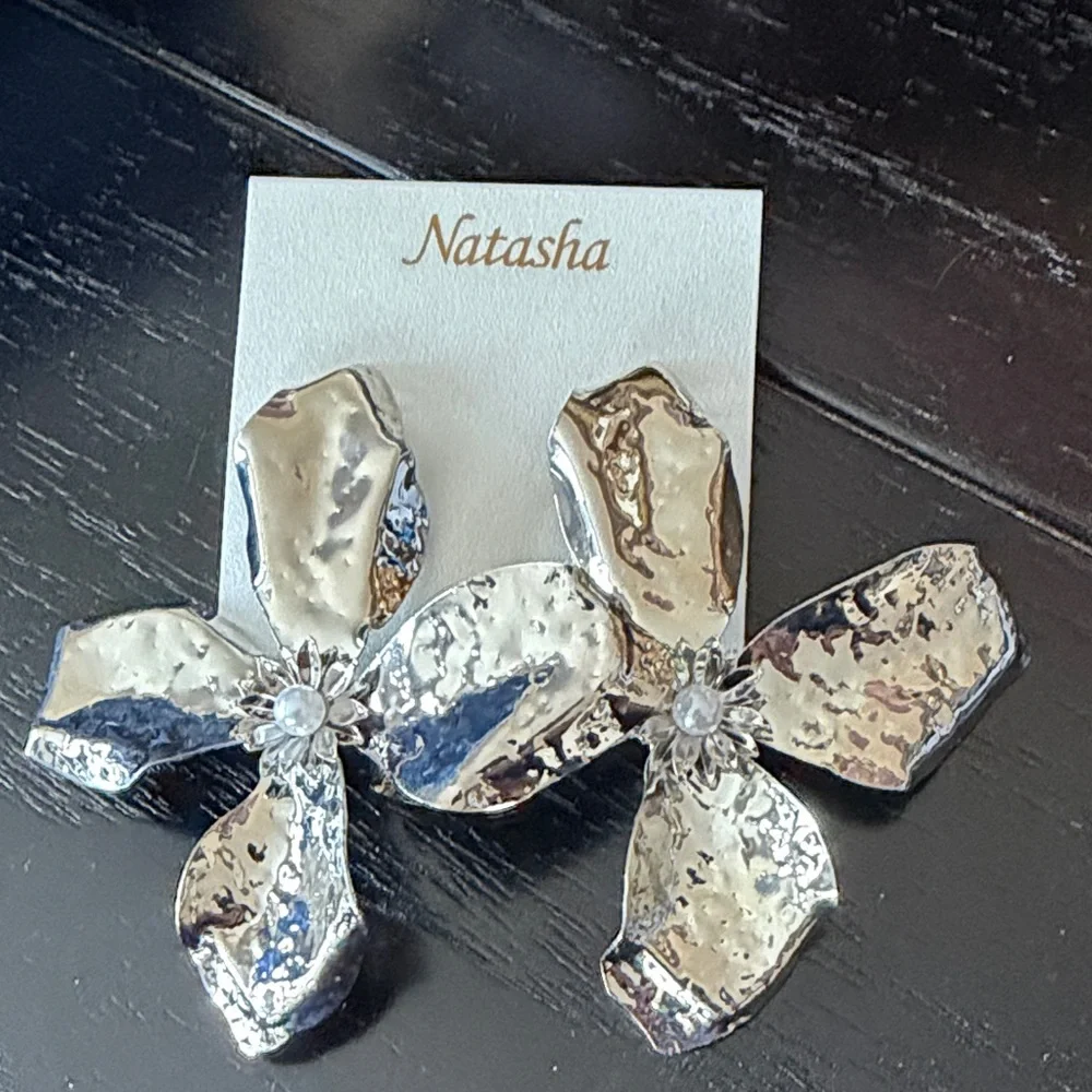 Natasha Silver Floral Statement Earrings-NWT